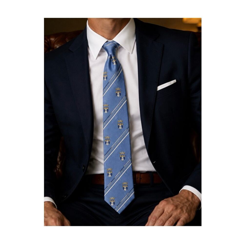 Vintage Cotswold Collection Silk Necktie Blue Heraldic Crest Club Stripe USA Mad